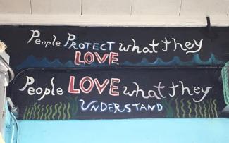 Handpainted mural that reads, "People protect what they love. People LOVE what they understand."