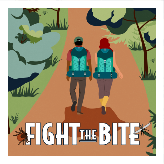 A drawing of two hikers walking on a trail with the words "Fight the Bite"